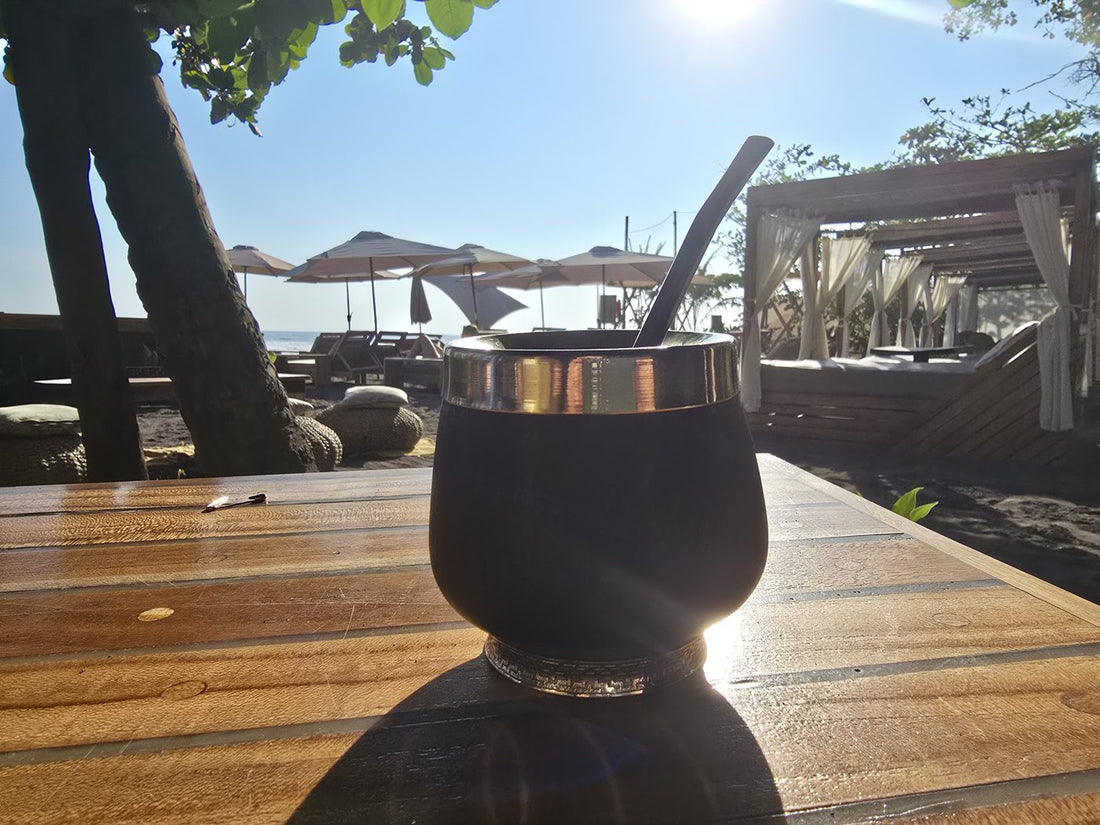 A dark wood yerba mate gourd with a silver bombilla on a table at golden hour