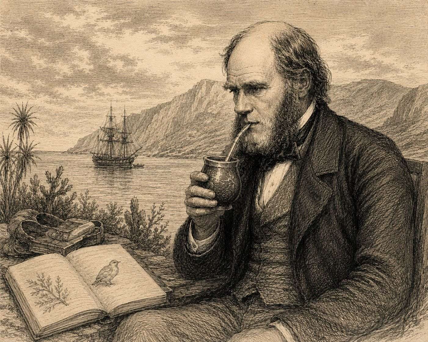 An illustration of Charles Darwin taking yerba mate by a campfire during the voyage of the Beagle