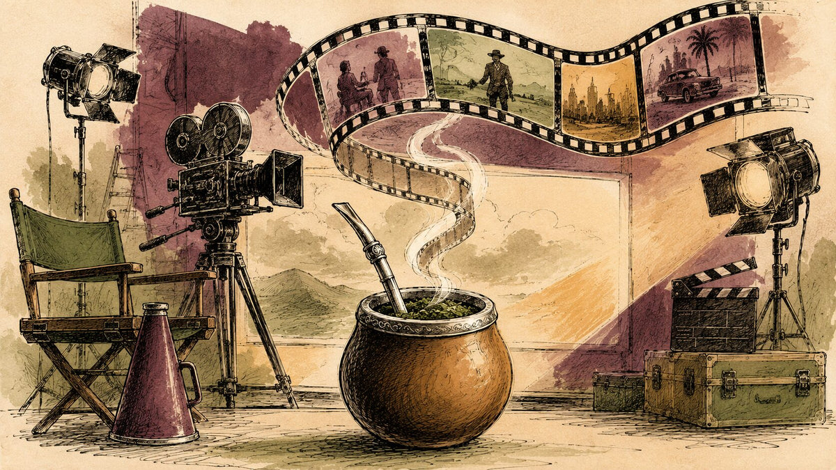 Hand-drawn illustration of a steaming yerba mate gourd on a movie set, framed by a vintage film camera, a director's chair, studio lights, and a filmstrip of movie scenes
