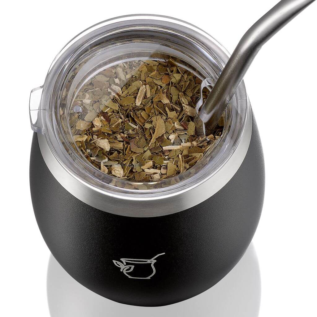 Mate cup with lid on and yerba mate filled