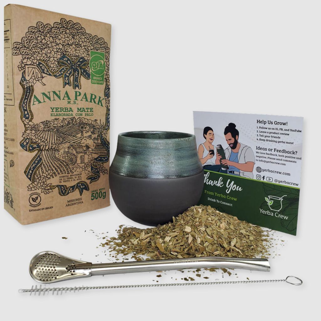 Iguazu Blue ceramic gourd and Anna Park yerba mate bundle (1 lb/500 g)