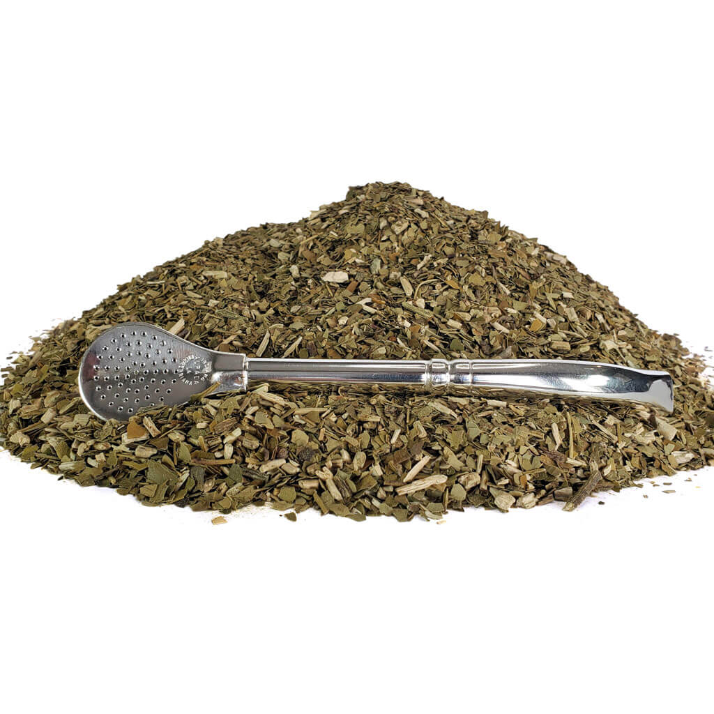 Spoon bombilla made from german silver on yerba mate pile