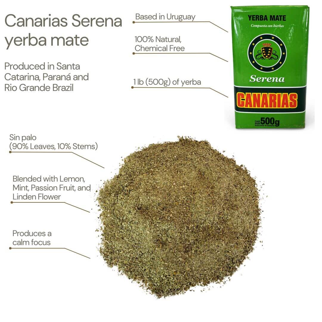 Canarias Serena calming yerba mate with a blend of lemon, mint, passion fruit, and linden flower