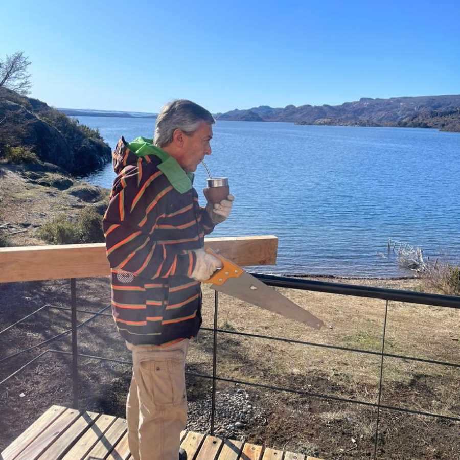 Drinking yerba mate while working at the lake