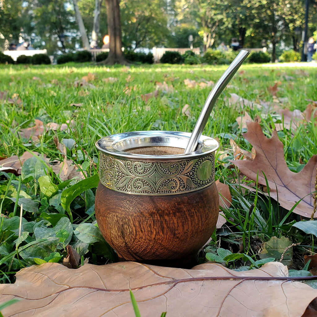 Wooden mate cup in Philadelphia park for yerba mate