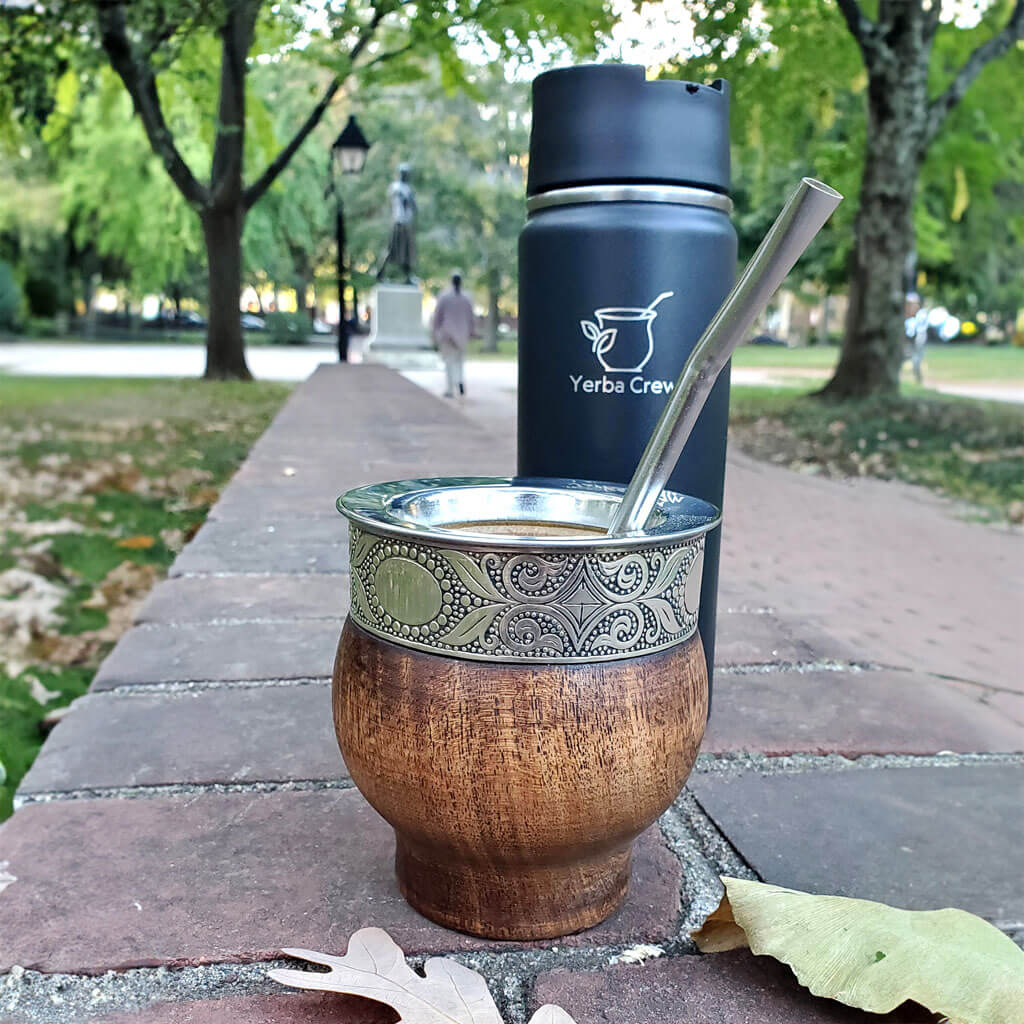 Wooden mate cup and thermos on ledge in Philadelphia