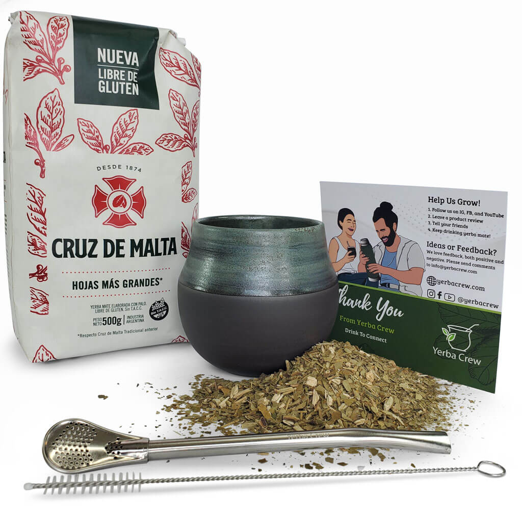 Iguazu Blue ceramic gourd and Cruz De Malta yerba mate bundle (1 lb/500 g)