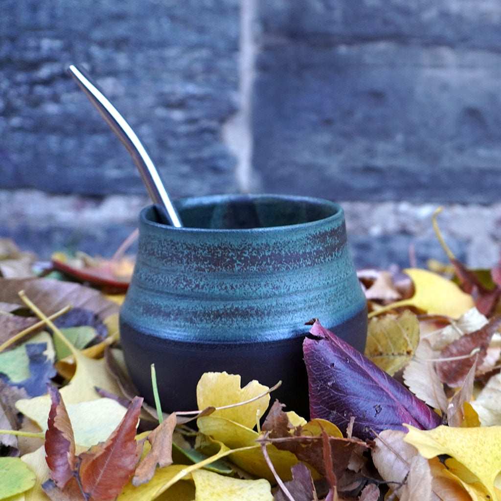 Iguazu Blue handmade ceramic mate gourd with organic Anna Park yerba mate. 