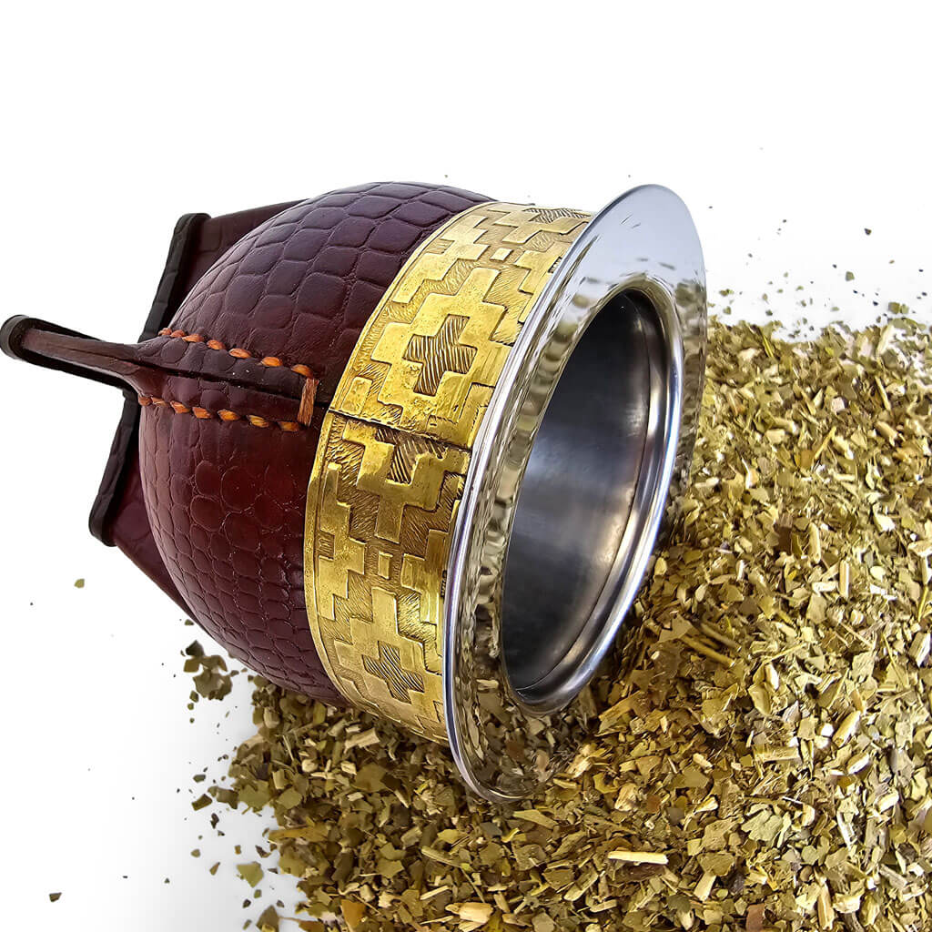 Side view of the stamped yerba mate gourd with gold colored rim