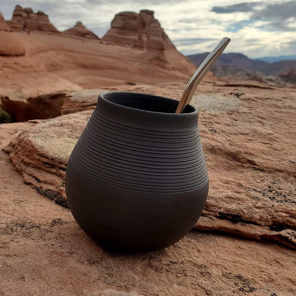 Yerba mate ceramic store gourd with freehand zigzag design, Ceramic mate cup in rustic style