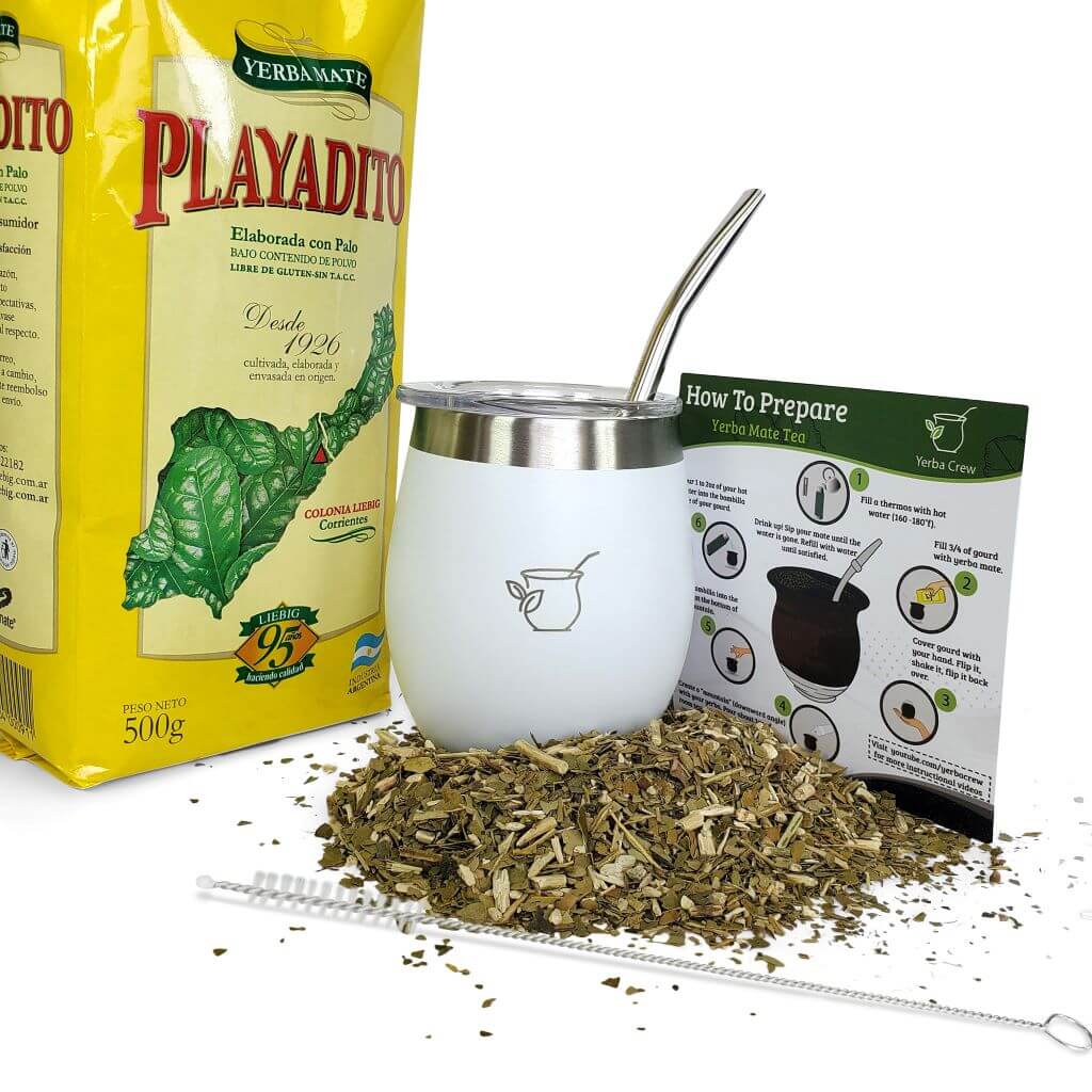 Yerba mate starter bundle with white mate cup and Playadito