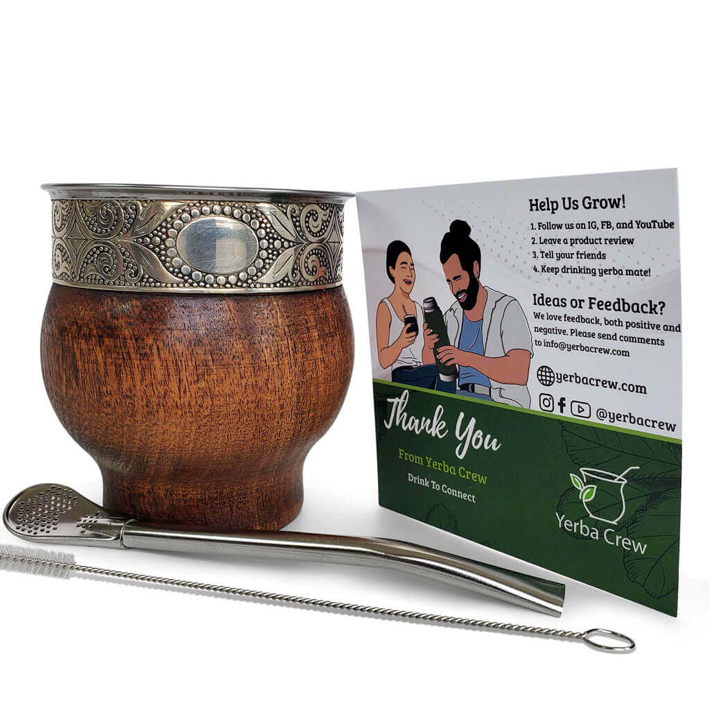 Wooden mate starter kit with Argentina mate gourd, starter card, bombilla, and cleaning straw