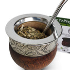 Yerba Crew wooden mate gourd filled with Anna Park yerba and bombilla straw