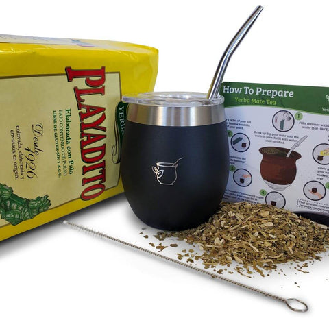 Yerba Mate Playadito Starter Kit with Leather Bound Glass Mate Cup and  Bombilla