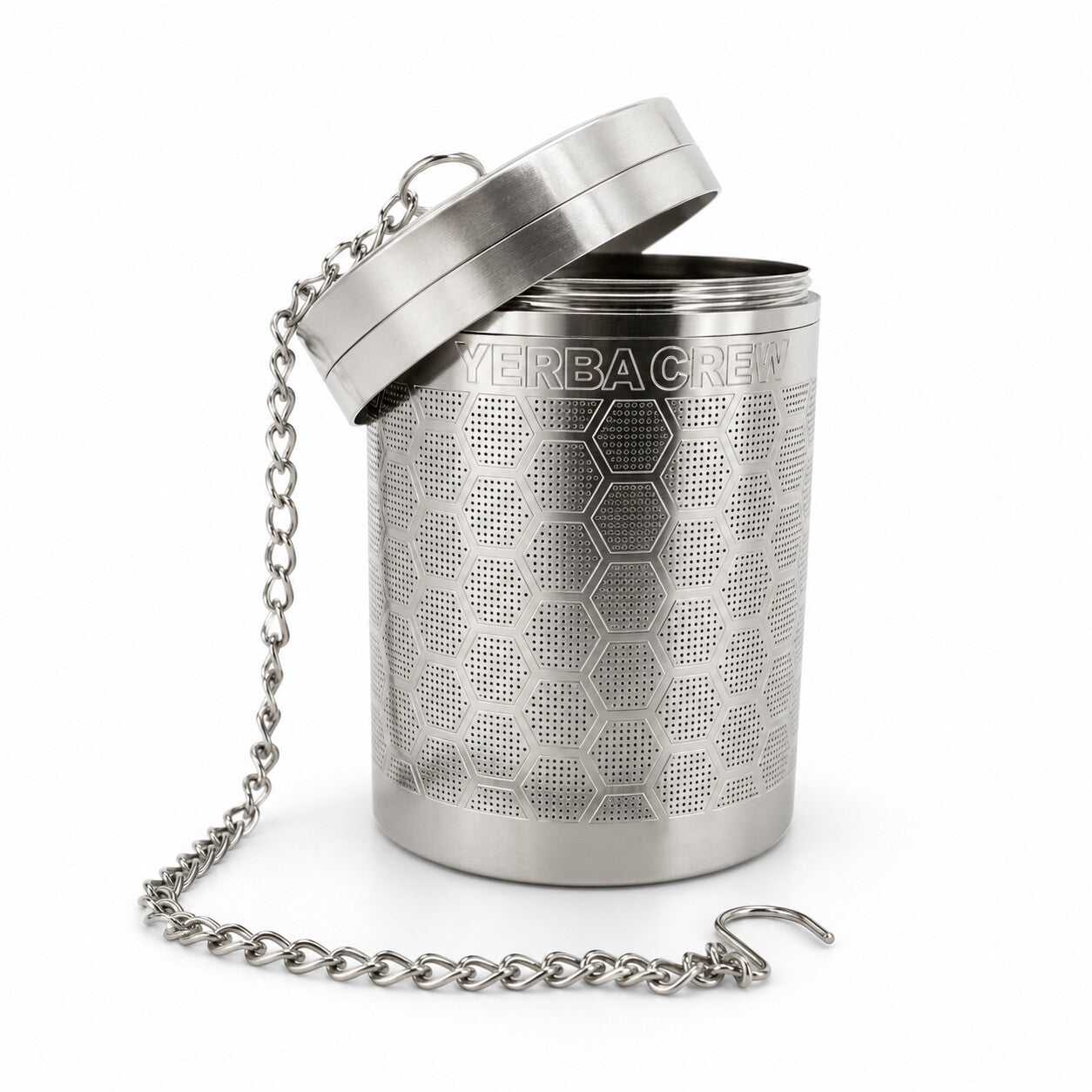 Stainless steel Ballena cold brew infuser with its lid tilted open and chain draped to the side, on a white background.