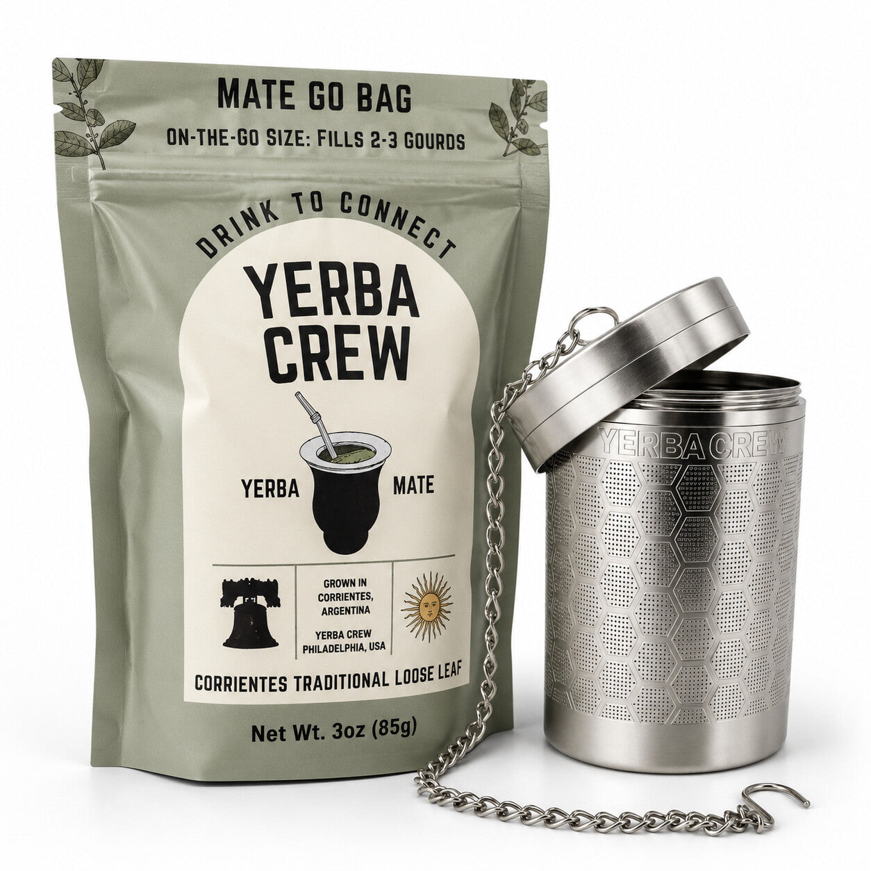 The Ballena deep steep tea infuser beside a Corrientes yerba mate go bag.