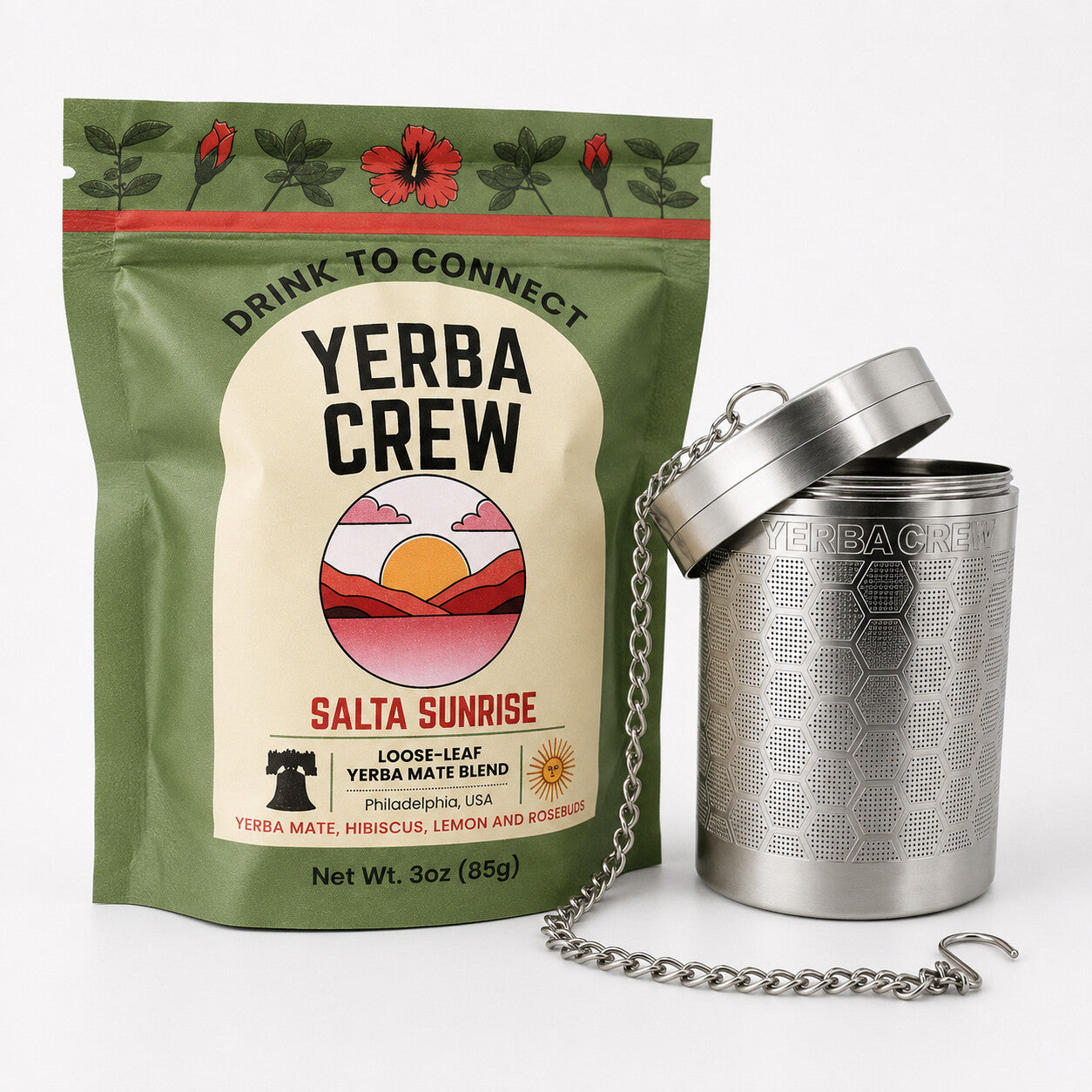 The Ballena deep steep tea infuser beside a bag of Salta Sunrise hibiscus yerba mate blend.
