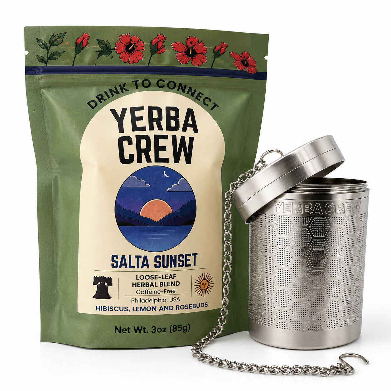 The Ballena deep steep tea infuser beside a bag of Salta Sunset caffeine-free herbal blend.