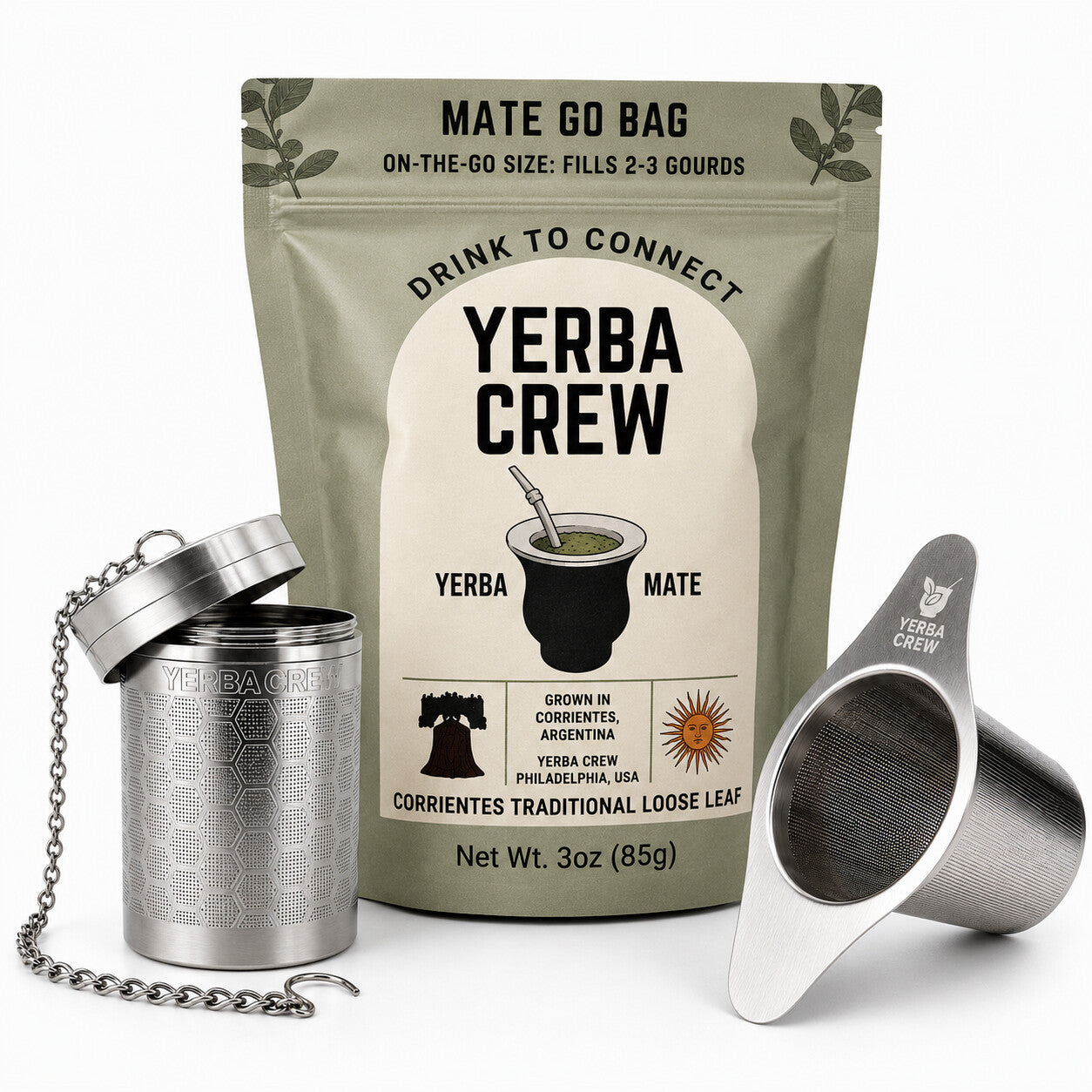 The Ballena and Flamenco stainless steel infusers with a Corrientes yerba mate go bag.