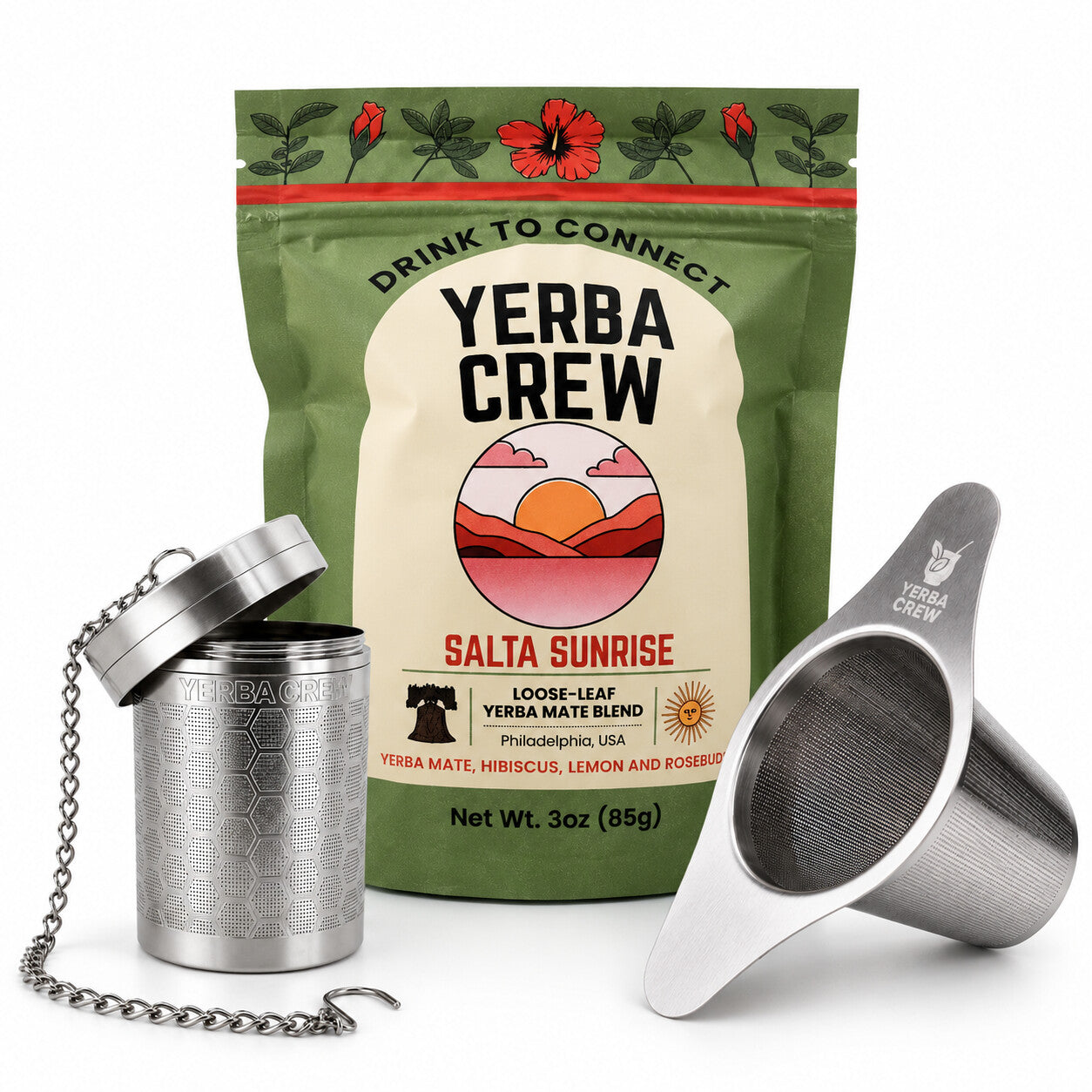 The Ballena and Flamenco stainless steel infusers with a bag of Salta Sunrise hibiscus yerba mate blend.