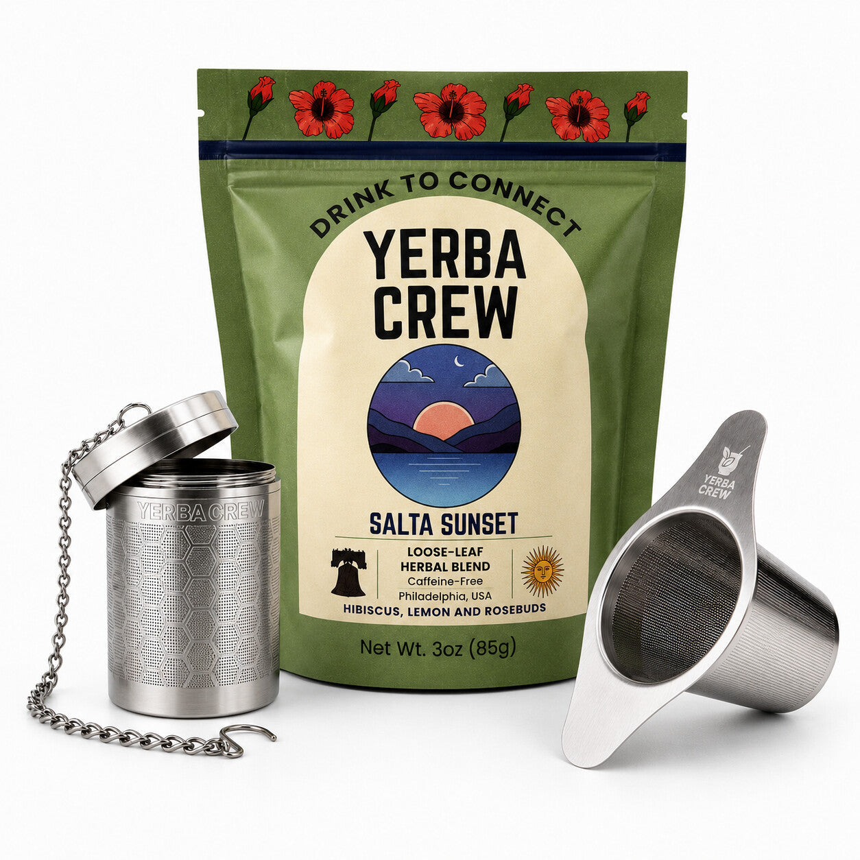 The Ballena and Flamenco stainless steel infusers with a bag of Salta Sunset caffeine-free herbal blend.