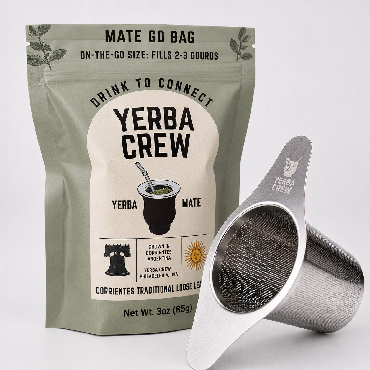 The Flamenco winged tea infuser beside a Corrientes yerba mate go bag.