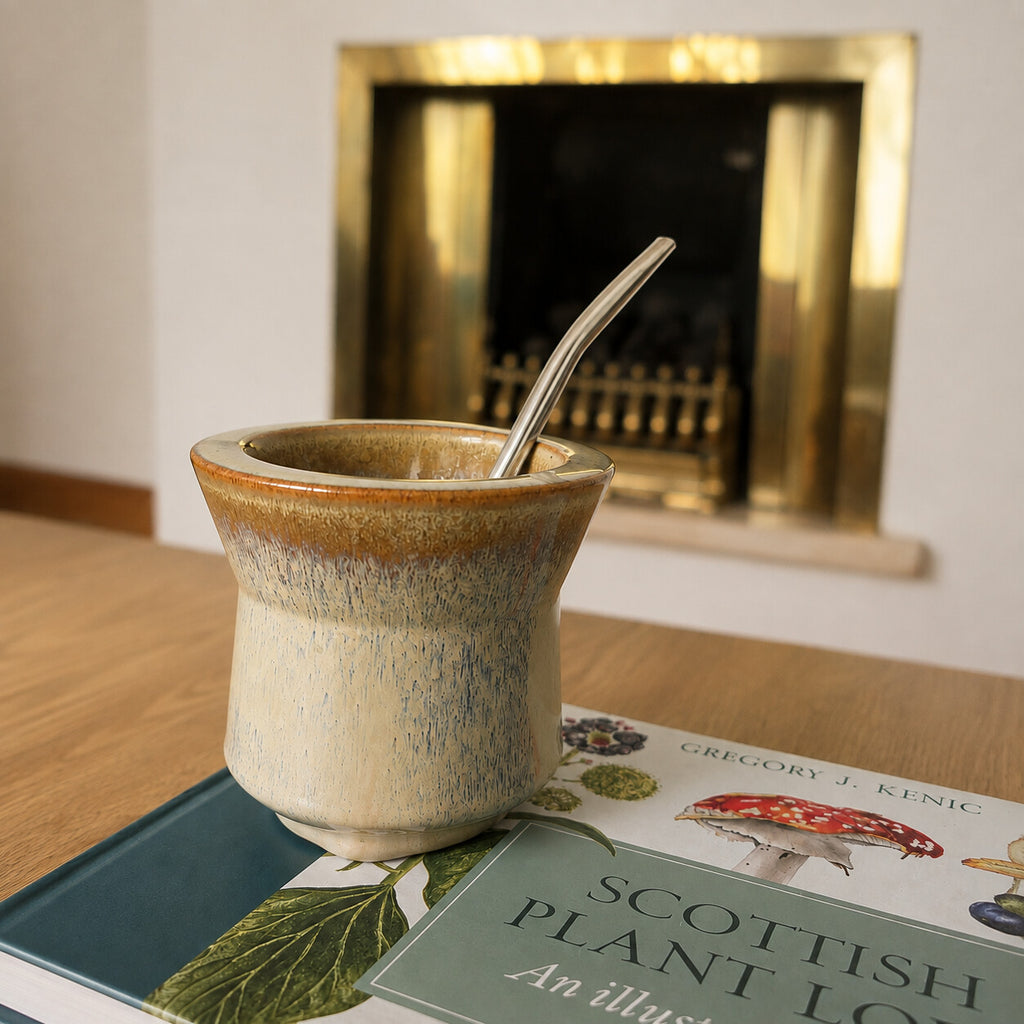 The Iruya ceramic mate gourd with a Bombilla Plana straw, resting on a book beside a fireplace.