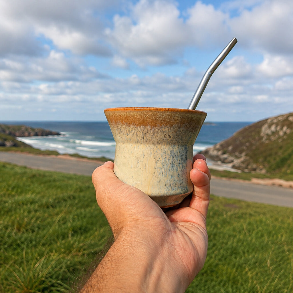 The Iruya ceramic mate gourd with a Bombilla Plana straw, held up overlooking a coastal cliff road in Scotland.