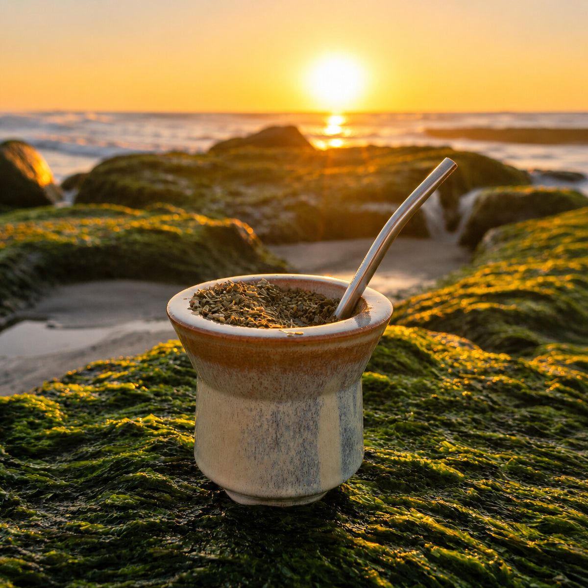 The Iruya ceramic mate gourd filled with yerba mate and a Bombilla Plana straw, resting on seaweed-covered rocks at sunrise by the ocean.