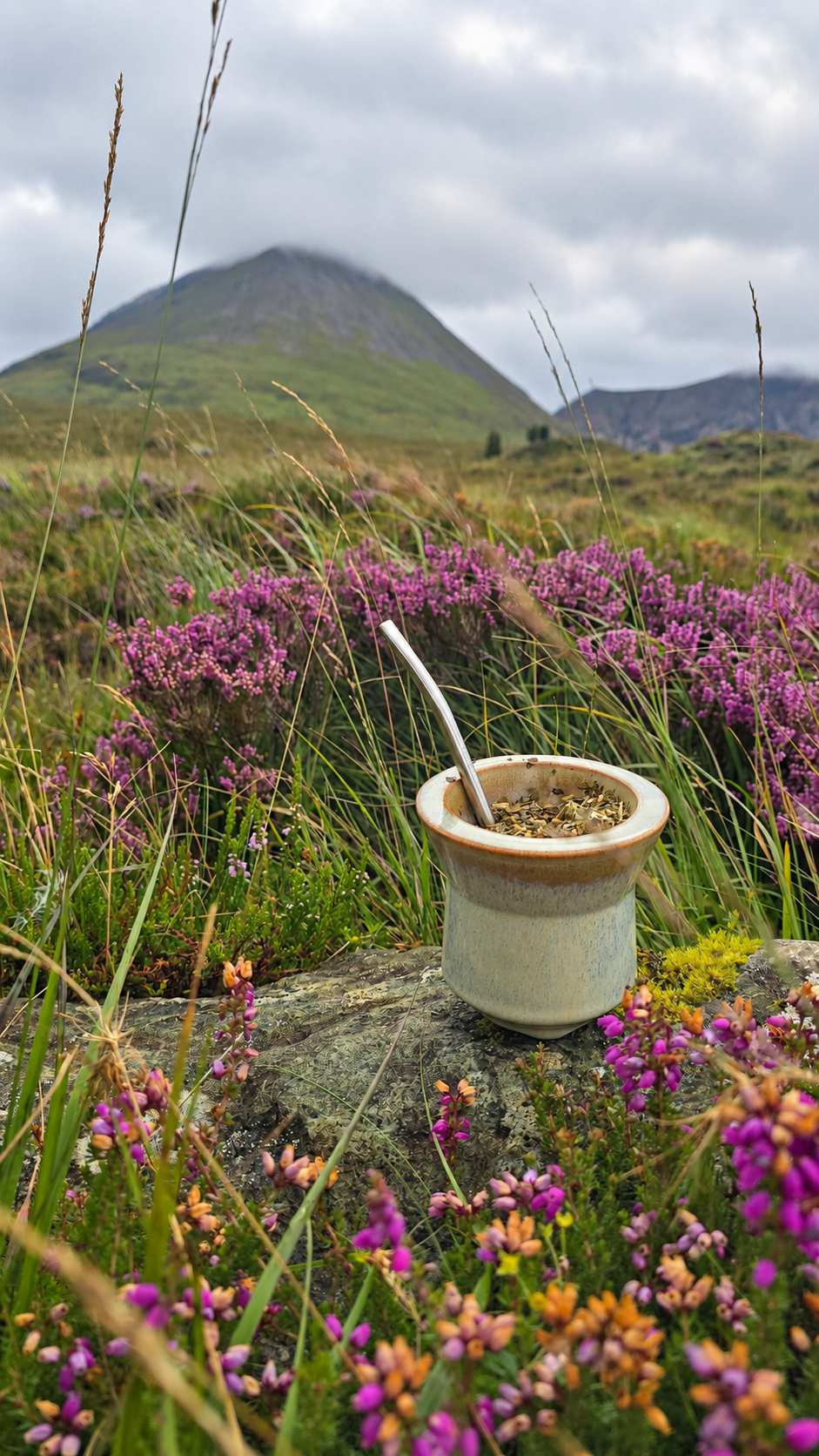 A rustic ceramic mate cup with a metal bombilla sits on a mossy rock in a wildflower meadow, with purple heather and a green mountain in the background under a cloudy sky.