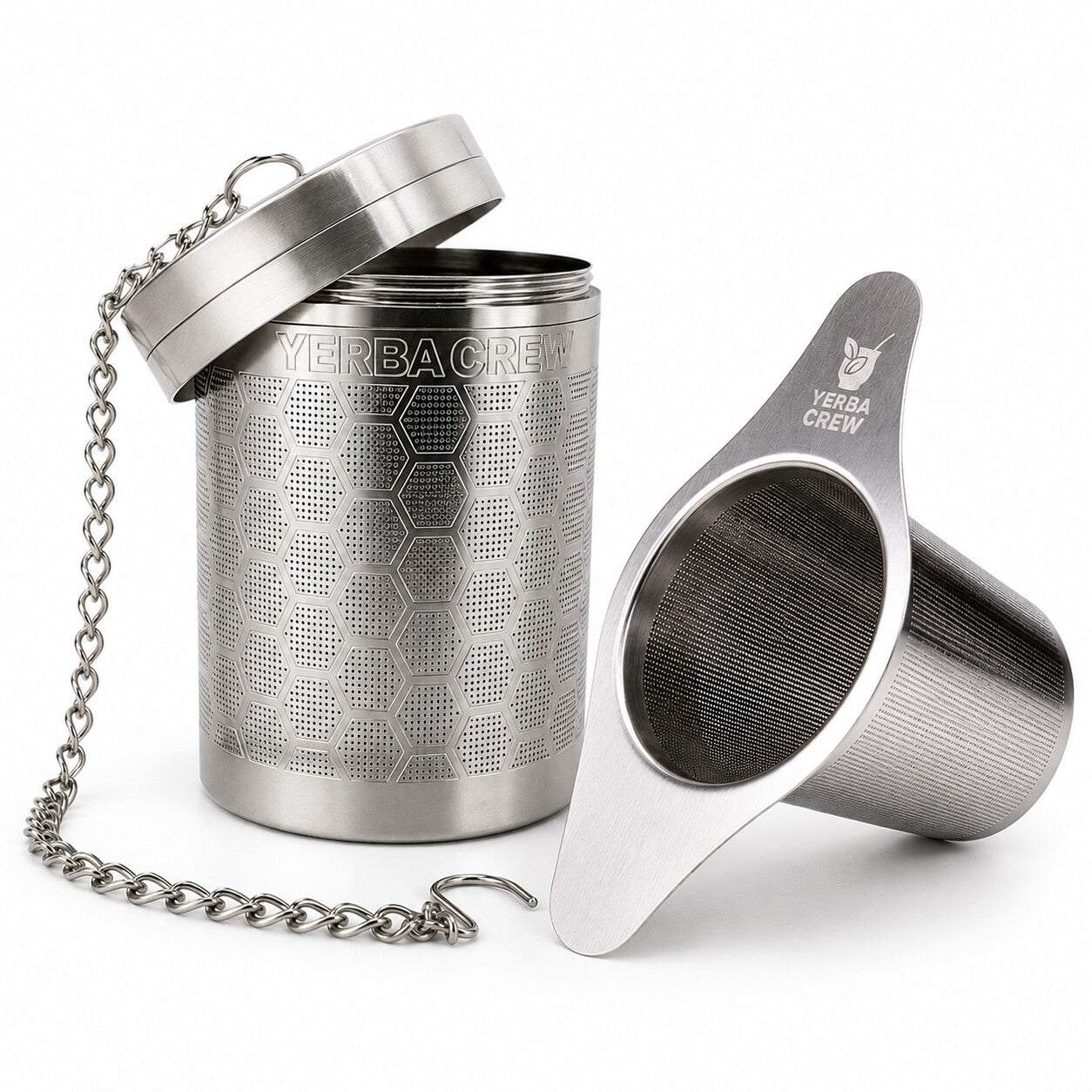 The Ballena and Flamenco stainless steel infusers together on a white background.