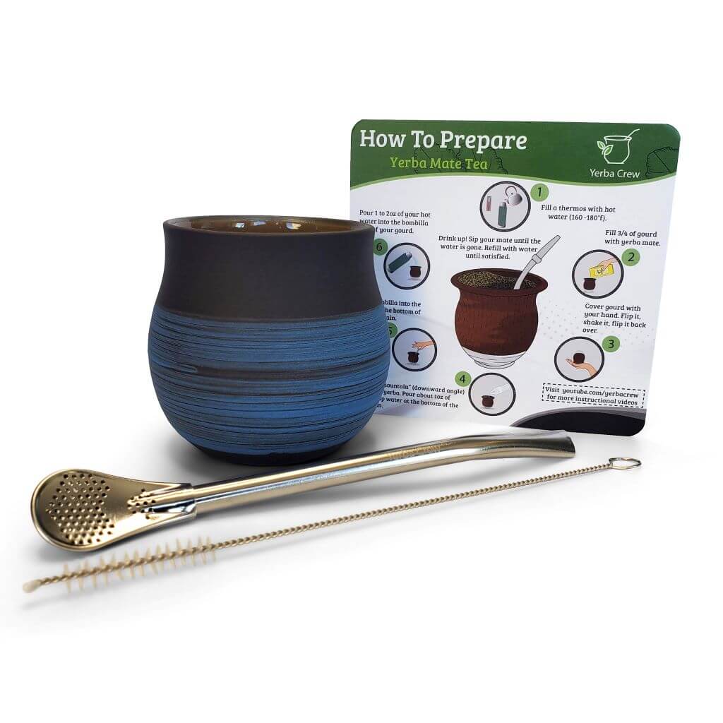 Yerba Crew Azul Orbita yerba mate gourd starter set with bombilla cleaner and getting started guide