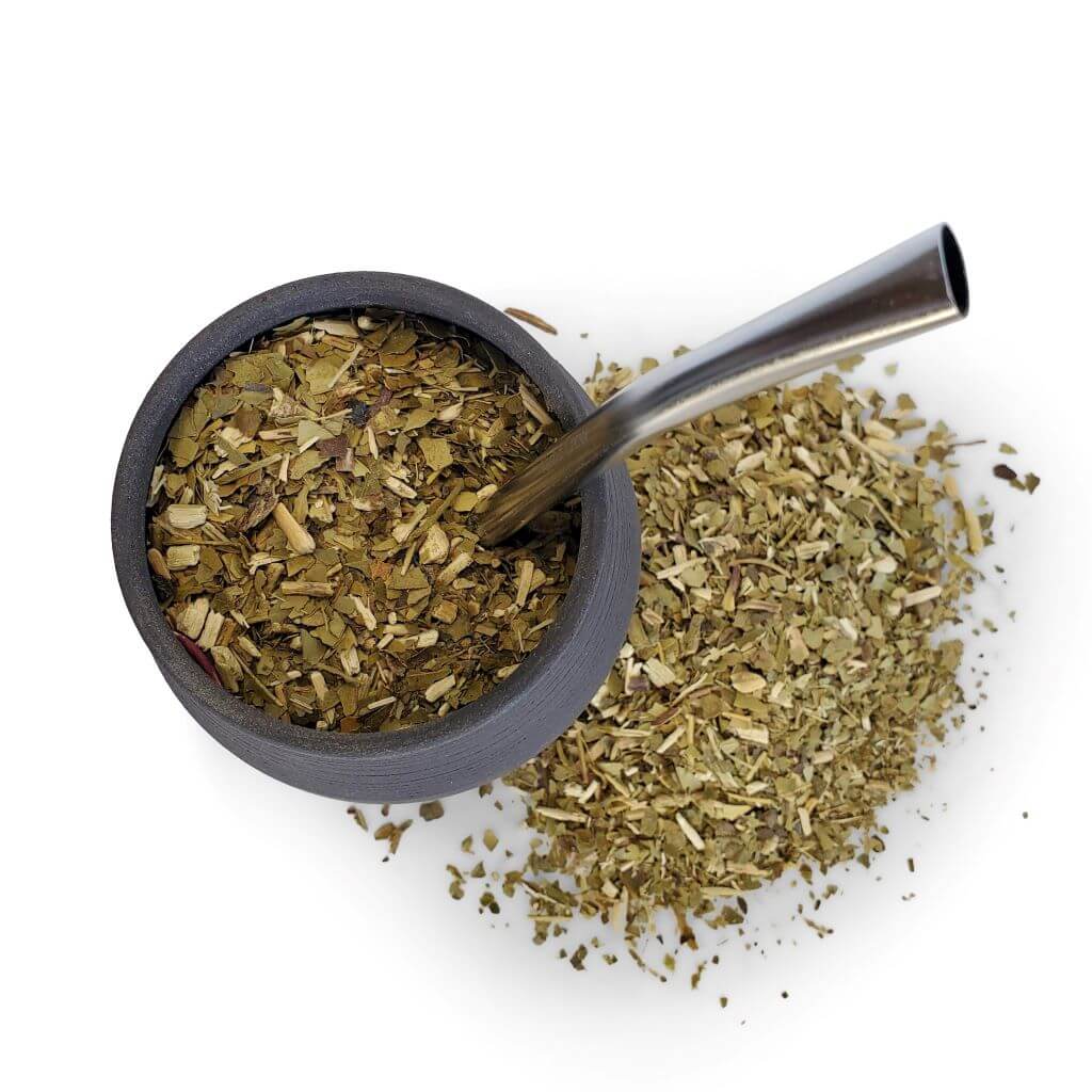 Yerba Crew overhead view of Torre grey mate cup filled with playadito yerba