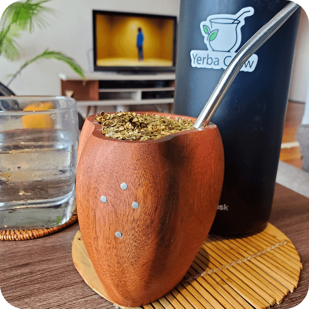 Yerba Crew yerba mate from argentina on a desk with its thermos